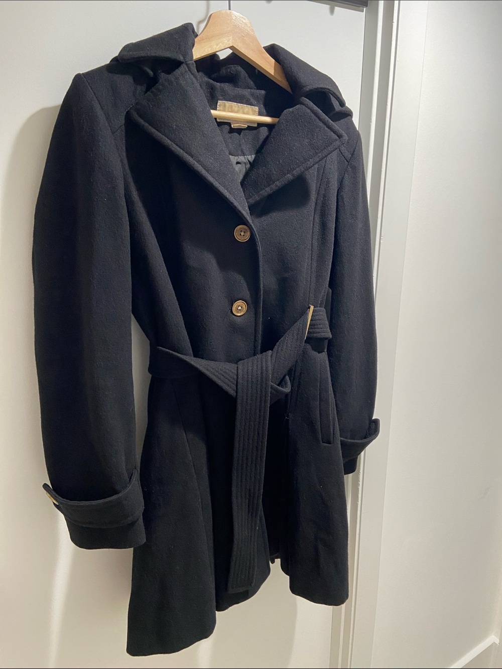 Michael Kors Wool Blend Hooded Belted Coat with Gold Hardware Black